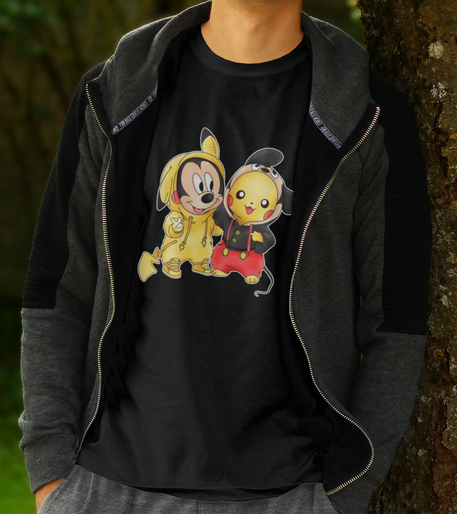 Mickey Pikachu Crossover Characters In Hoodie Costumes T-Shirt