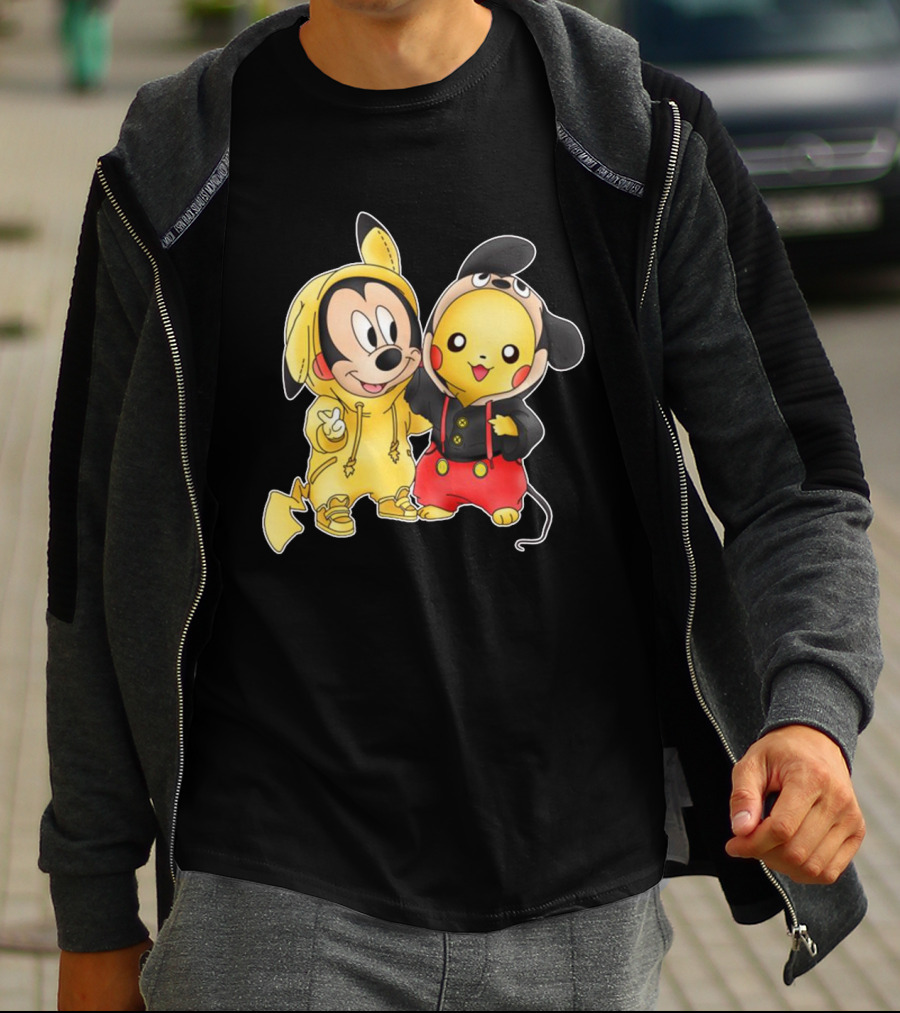 Mickey Pikachu Crossover Characters In Hoodie Costumes T-Shirt
