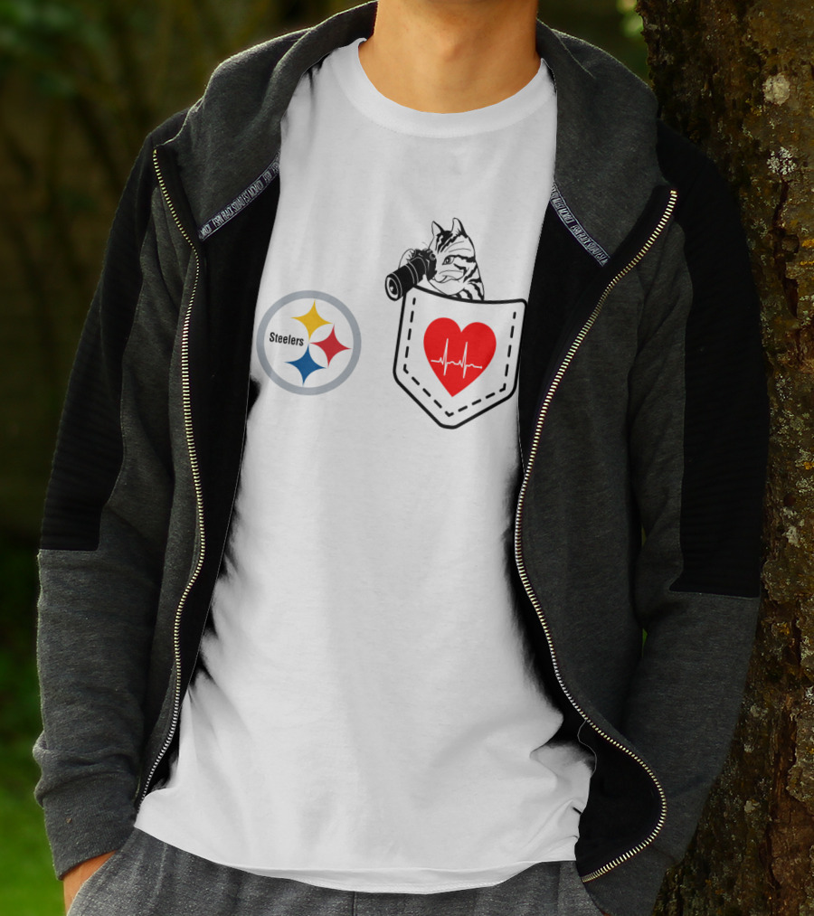 Pittsburgh Steelers Cat With Heartbeat Pocket T-Shirt