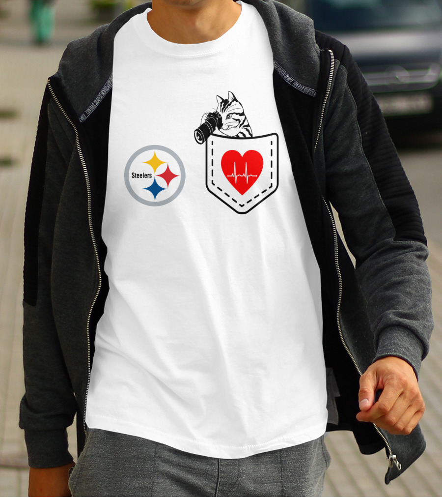Pittsburgh Steelers Cat With Heartbeat Pocket T-Shirt