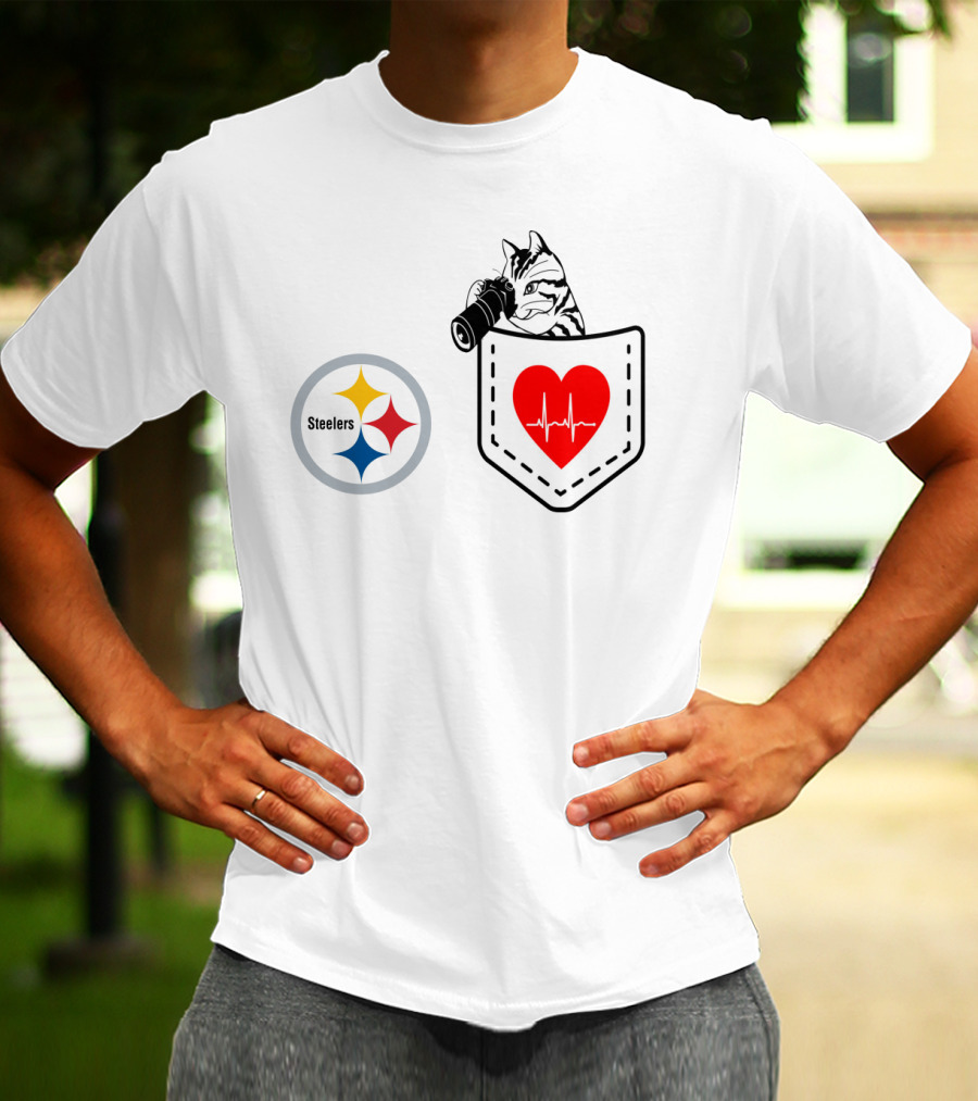 Pittsburgh Steelers Cat With Heartbeat Pocket T-Shirt