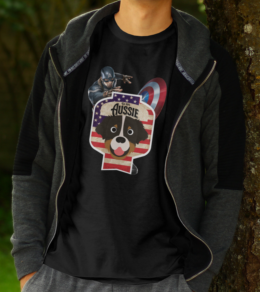 Aussie Australian Shepherd Est. 1975 Captain America Shield Stars And Stripes T-Shirt