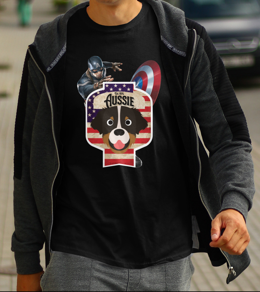 Aussie Australian Shepherd Est. 1975 Captain America Shield Stars And Stripes T-Shirt