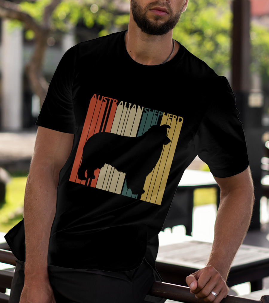 Australian Shepherd Silhouette With Vintage Stripes T-Shirt