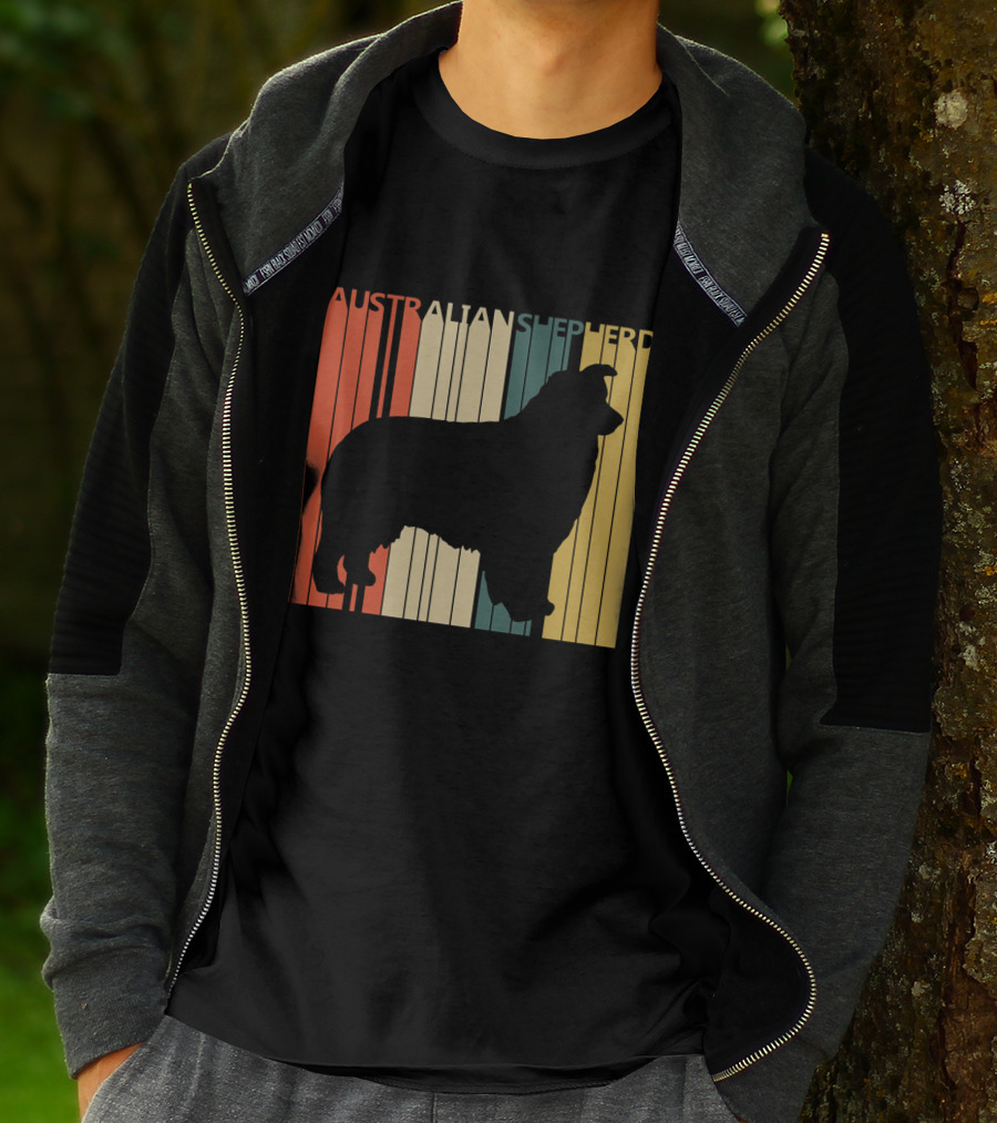 Australian Shepherd Silhouette With Vintage Stripes T-Shirt
