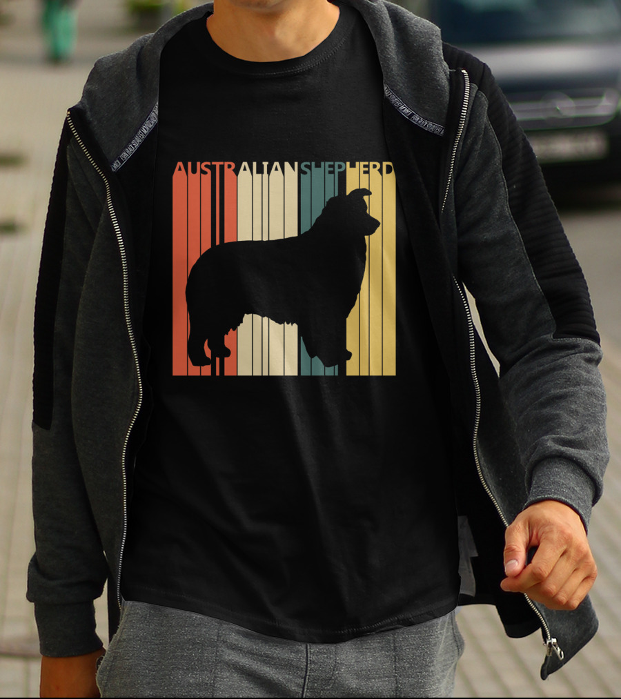 Australian Shepherd Silhouette With Vintage Stripes T-Shirt