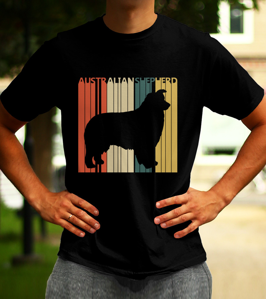 Australian Shepherd Silhouette With Vintage Stripes T-Shirt
