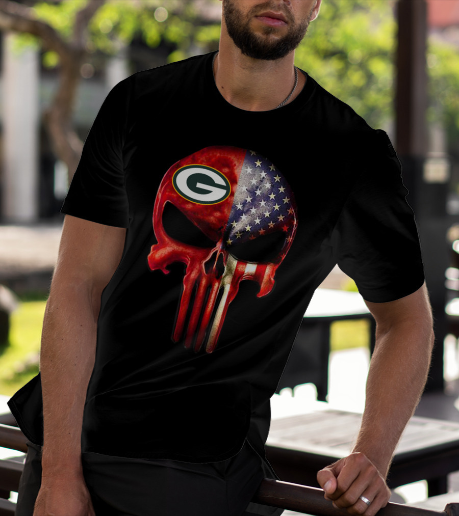 Green Bay Packers American Flag Skull T-Shirt