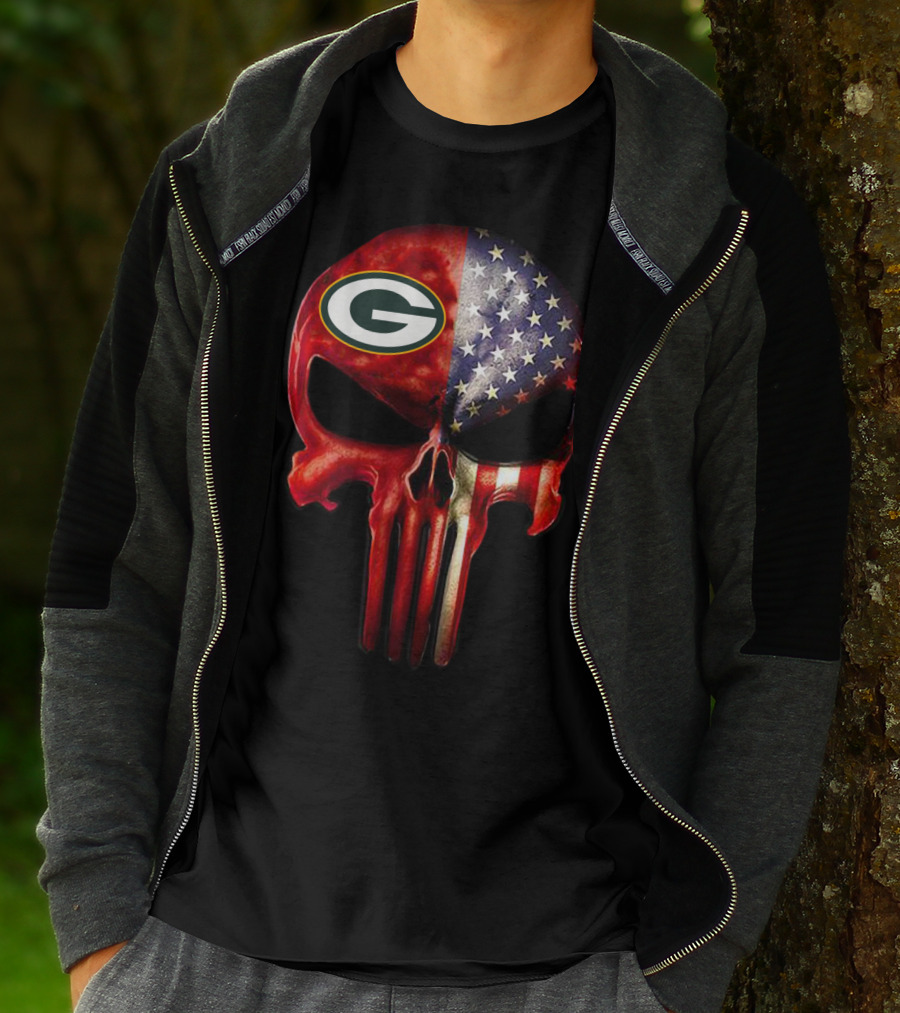 Green Bay Packers American Flag Skull T-Shirt