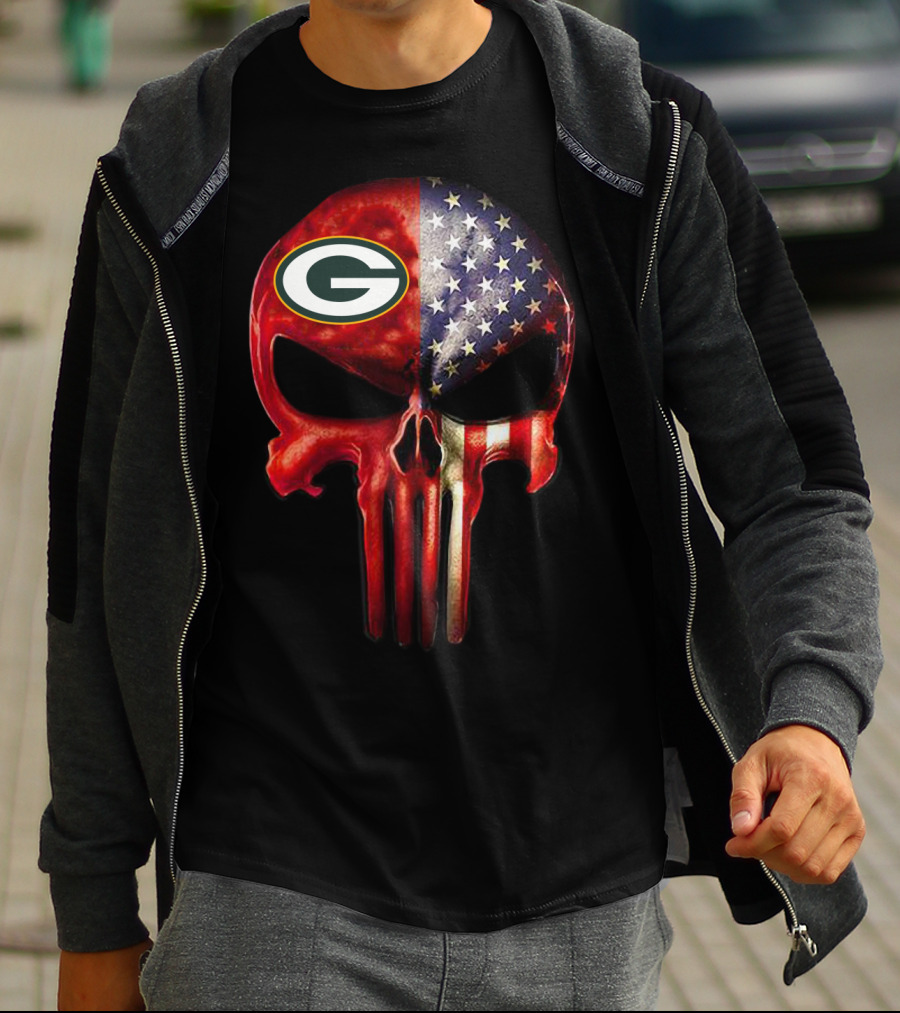 Green Bay Packers American Flag Skull T-Shirt