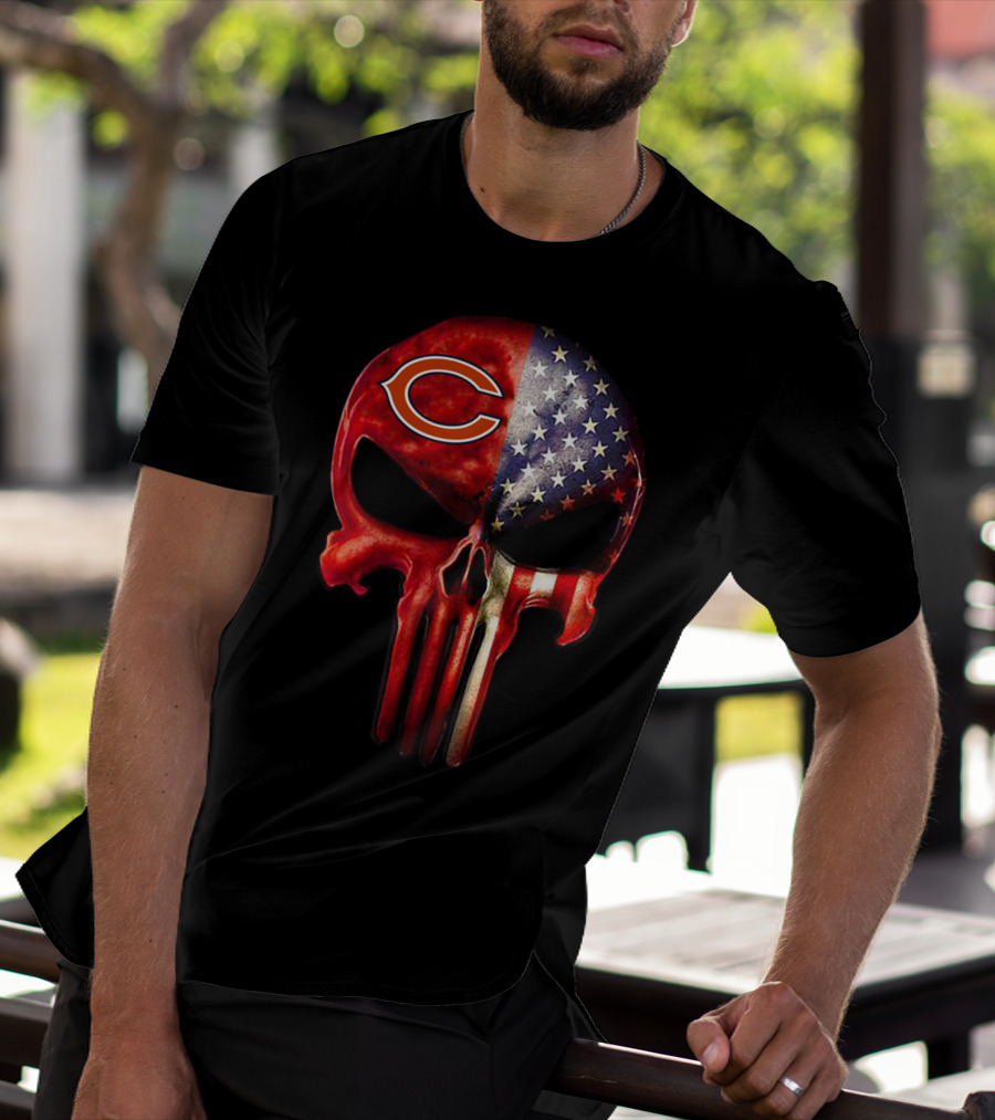 Chicago Bears American Flag Skull Fan T-Shirt
