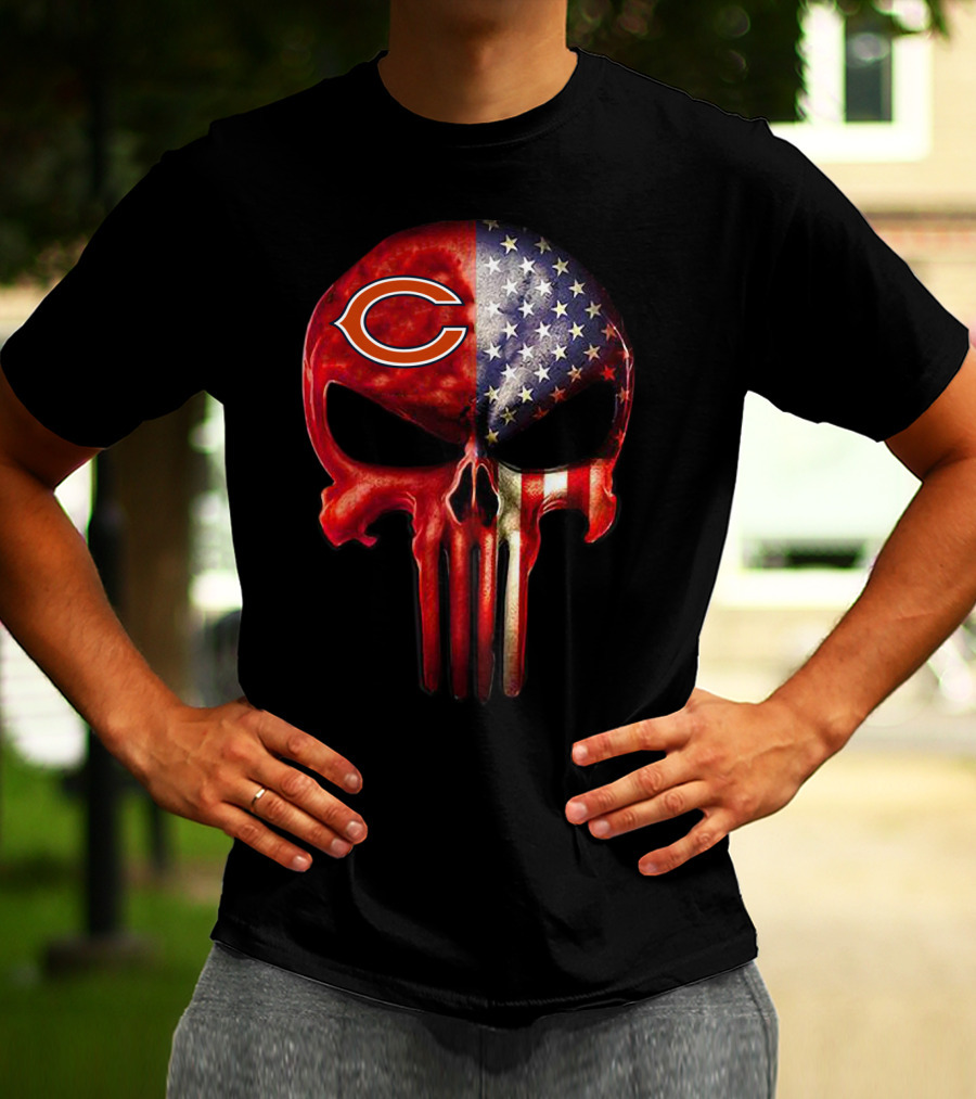 Chicago Bears American Flag Skull Fan T-Shirt