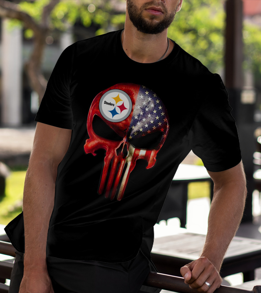 Steelers American Flag Skull For True Pittsburgh Fan Only T-Shirt