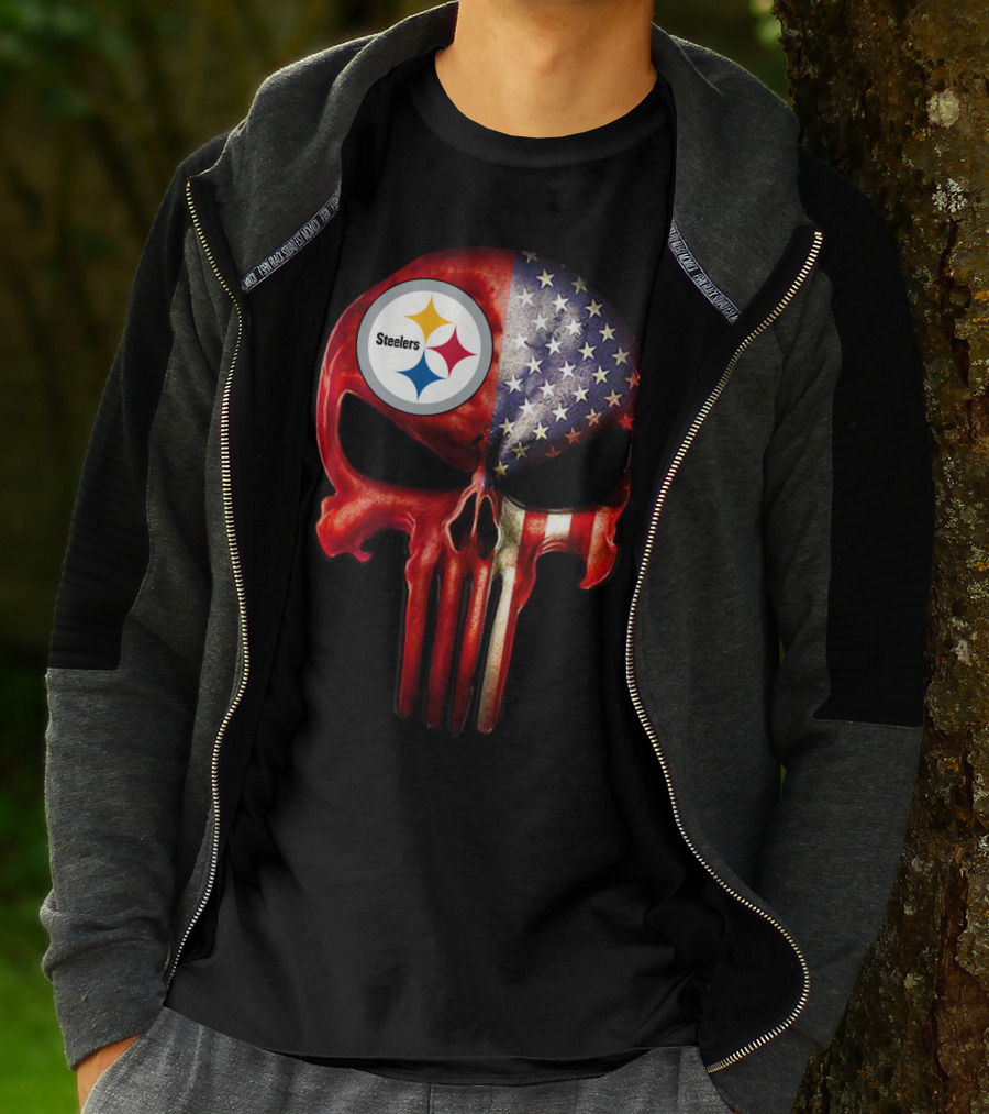 Steelers American Flag Skull For True Pittsburgh Fan Only T-Shirt
