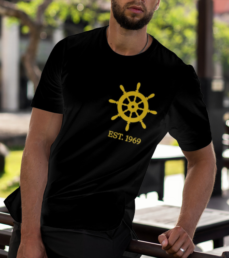 Benitez Sailing Est. 1969 Yellow Ship Wheel Emblem T-Shirt