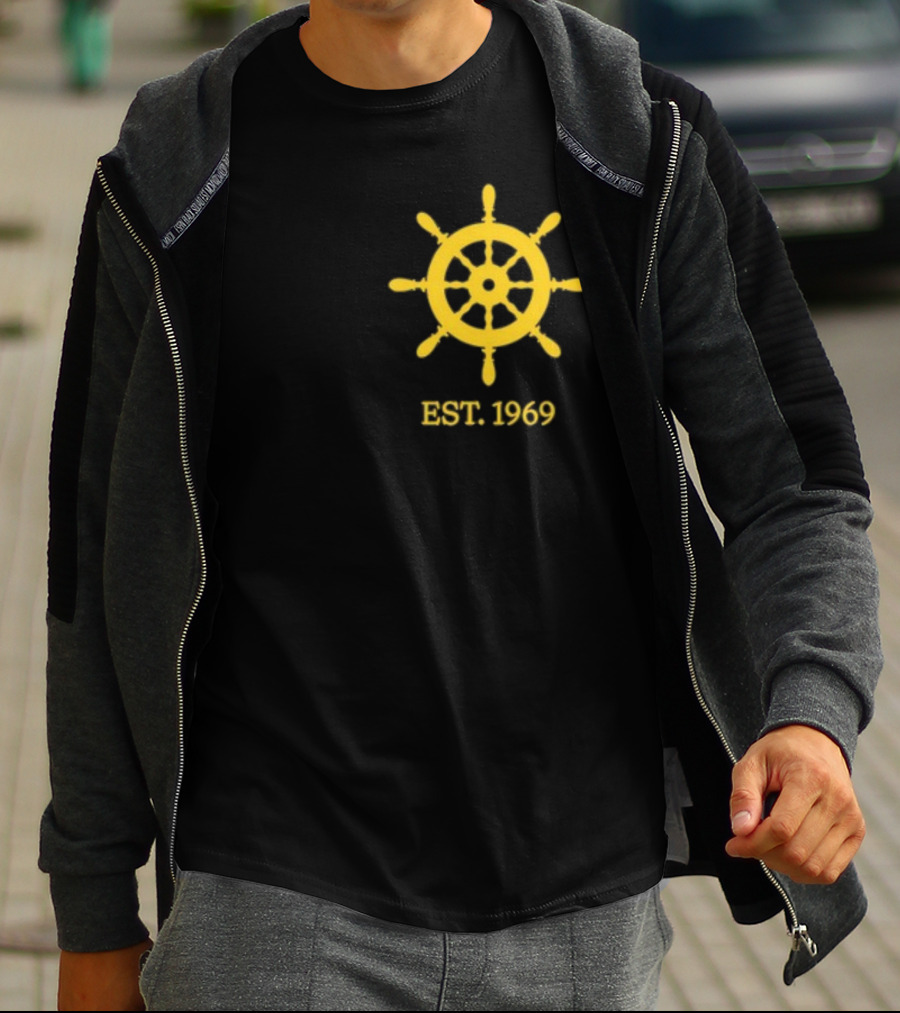 Benitez Sailing Est. 1969 Yellow Ship Wheel Emblem T-Shirt
