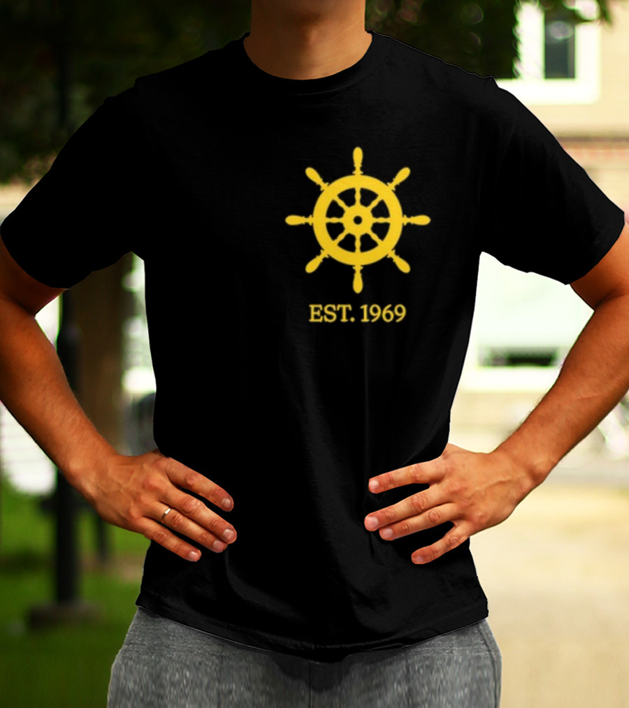 Benitez Sailing Est. 1969 Yellow Ship Wheel Emblem T-Shirt