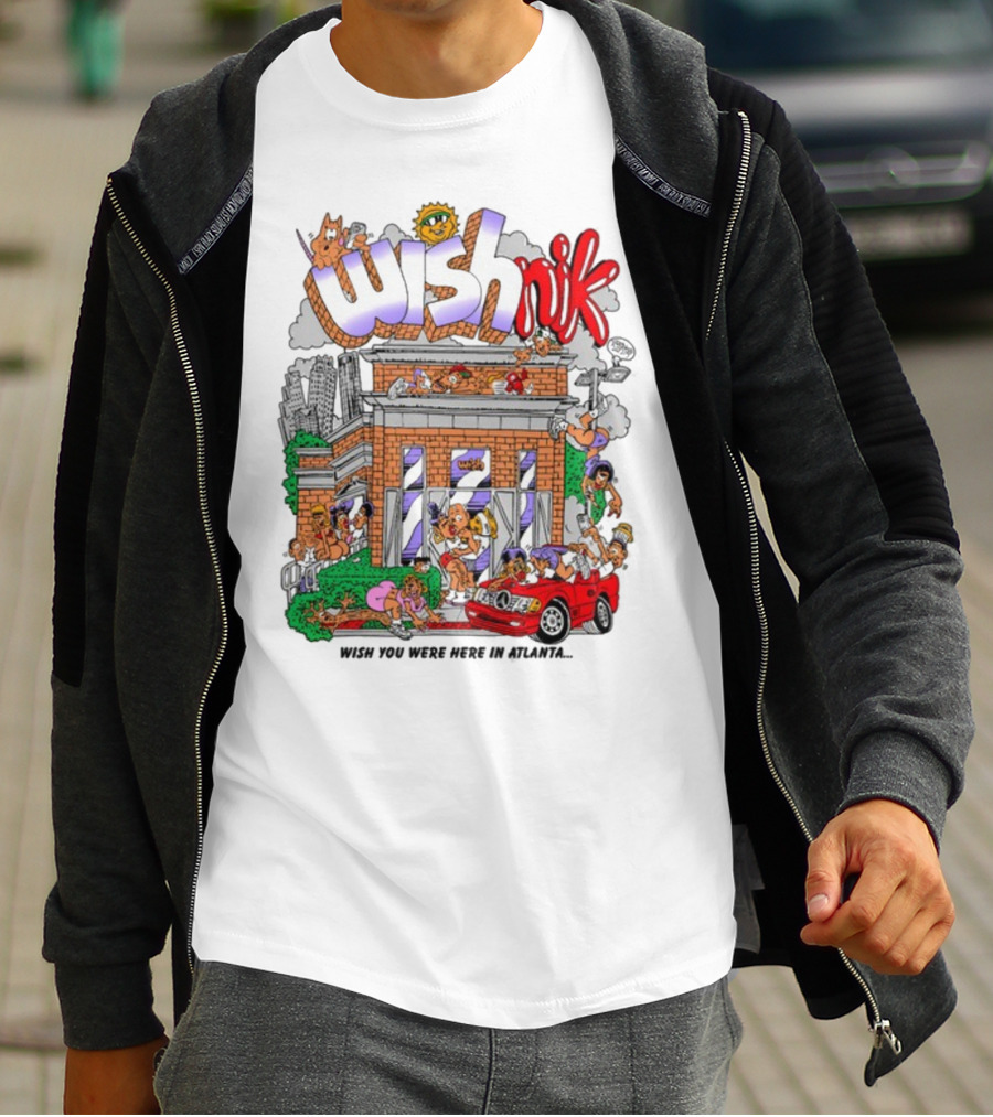 Wishnik Wish You Were Here In Atlanta Cartoon Car Crowd Scene T-Shirt