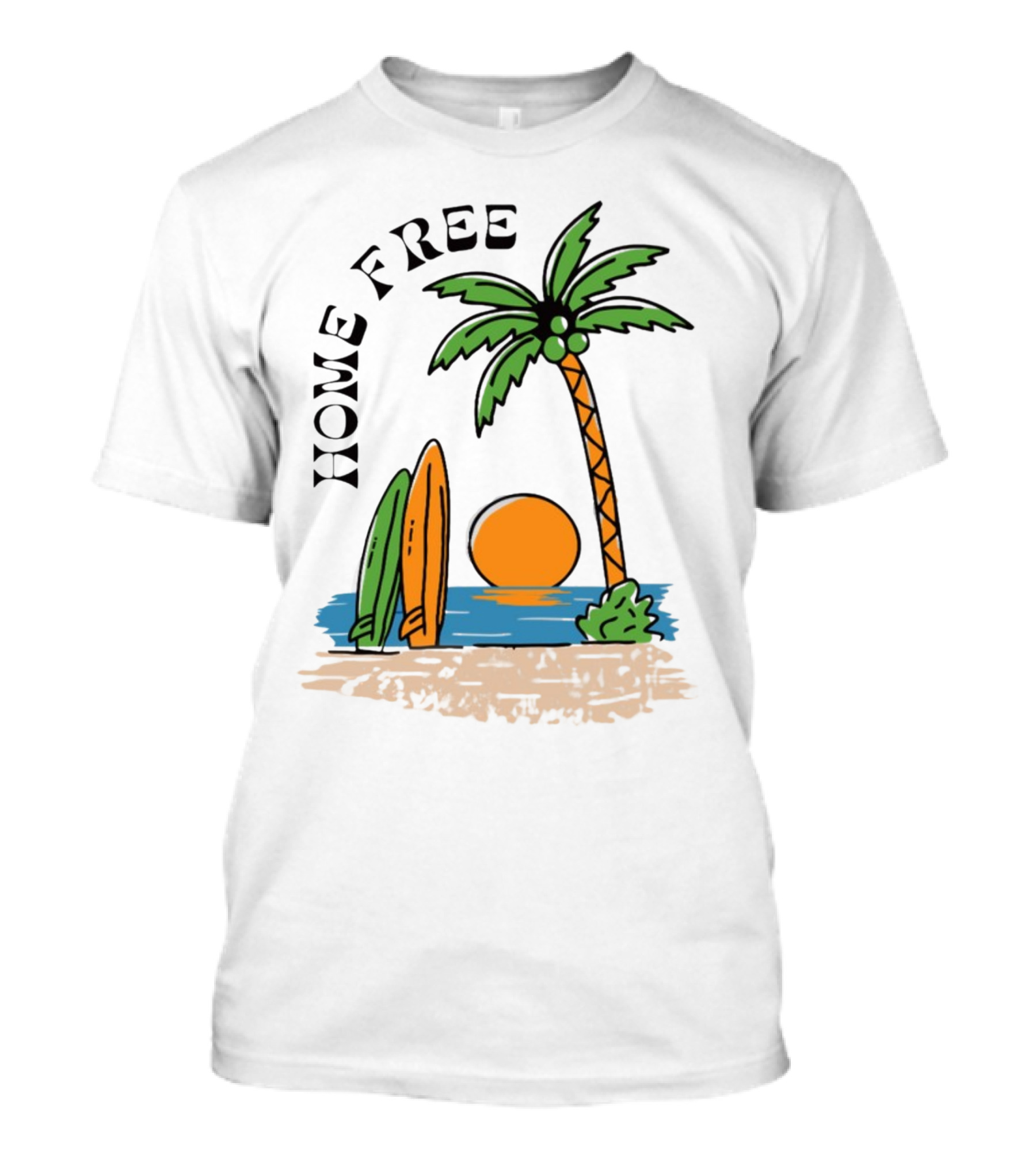 Home Free Surf And Sun Beach Palm Surfboards Sunset T-Shirt