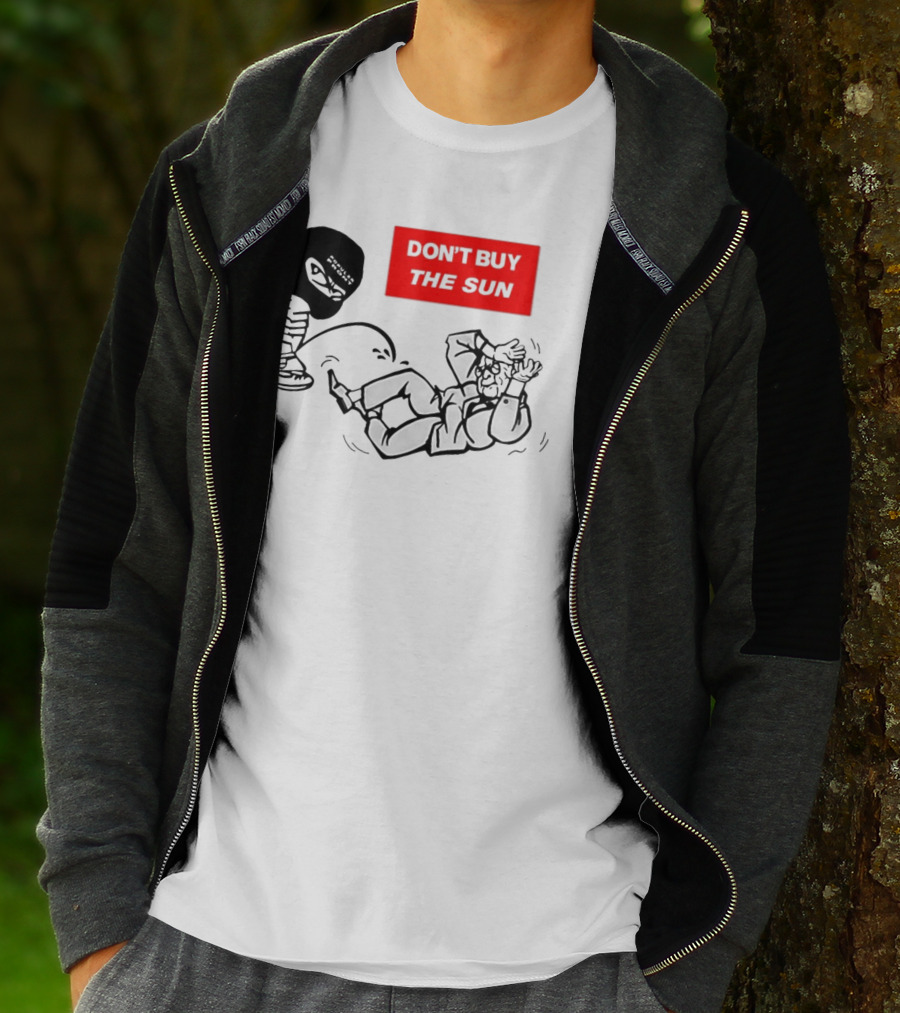 Don't Buy The Sun Graphic With Cartoon Character And Masked Figure Mocking Gesture T-Shirt