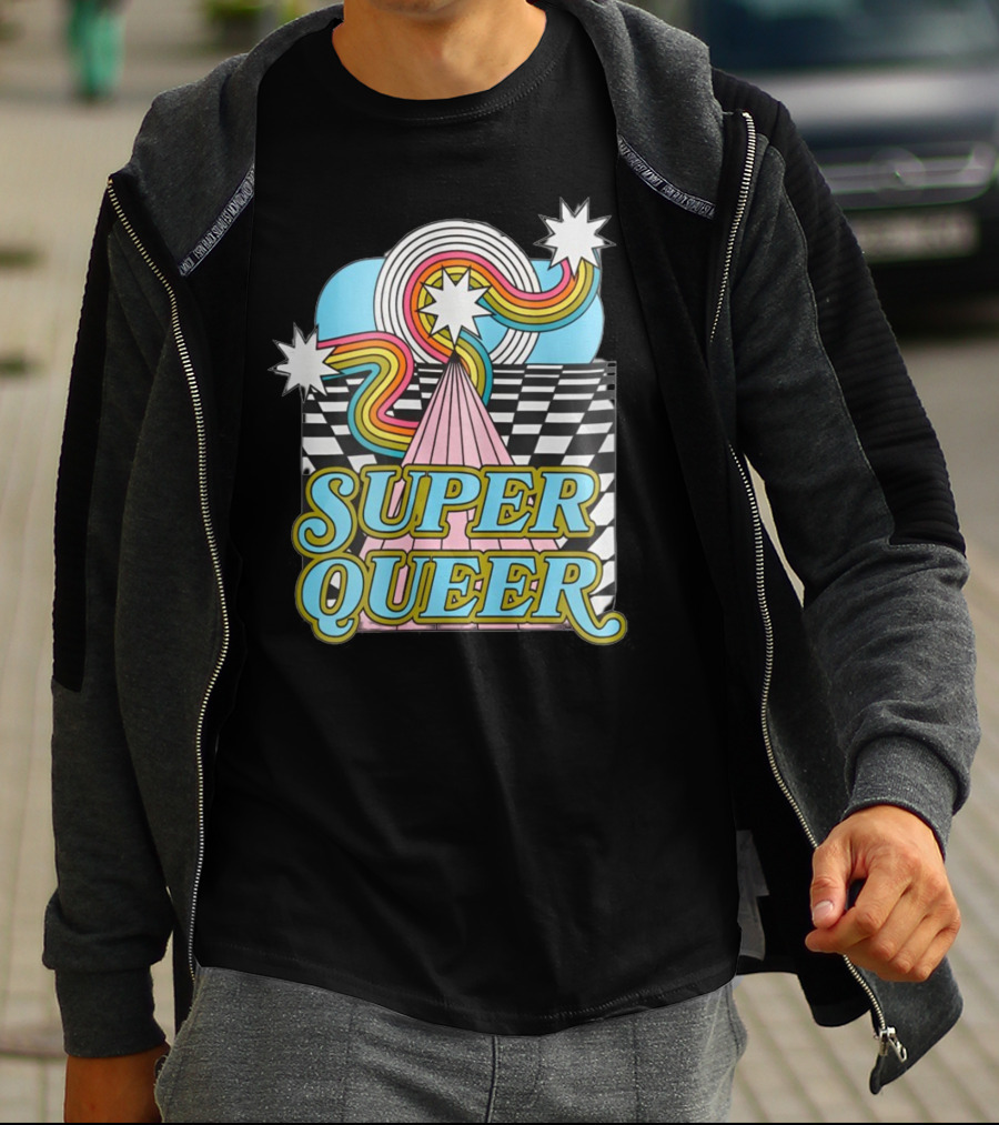 Super Queer Retro Rainbow Starburst Checkered Sky Burst T-Shirt