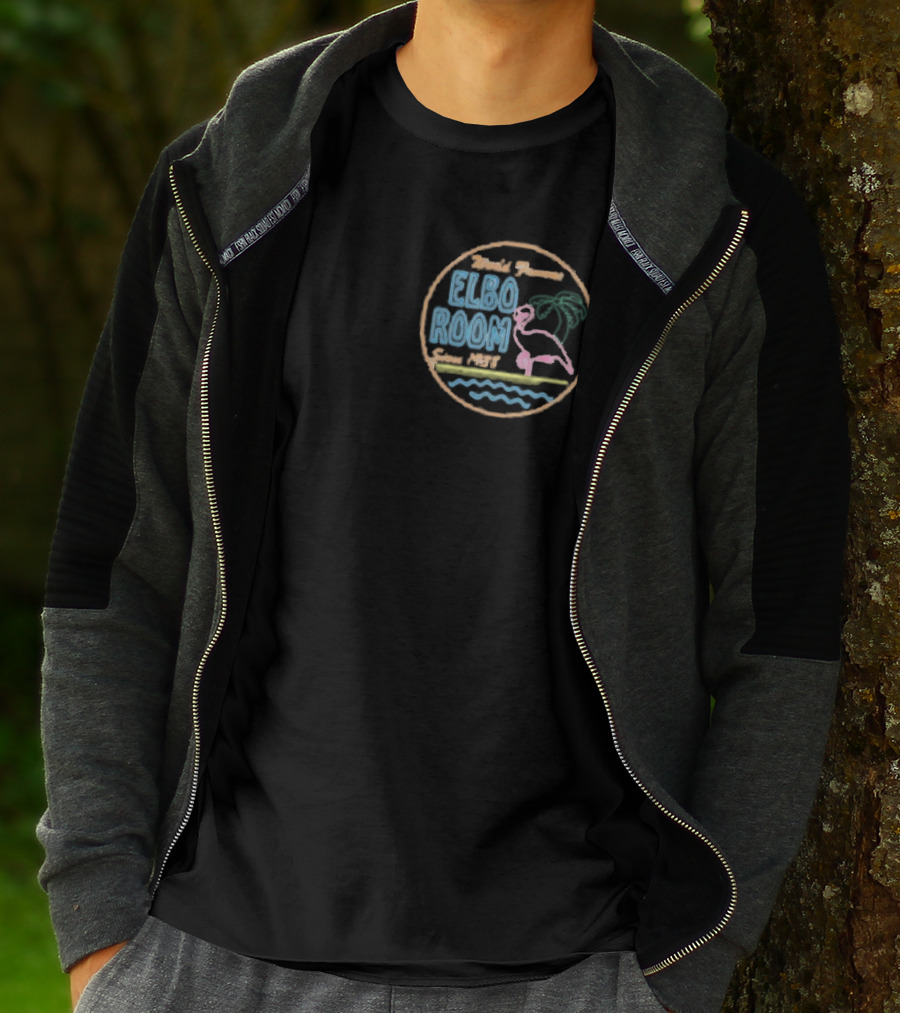 World Famous Elbo Room Since 1938 Neon Flamingo And Palm Tree T-Shirt