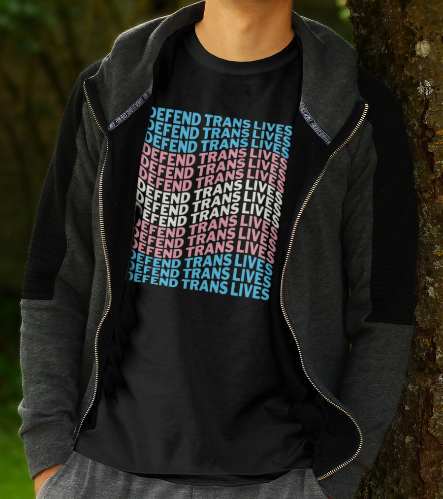 DEFEEND TRANS LIVES Text Design In Repeated Pattern With Blue Pink And White Colors T-Shirt