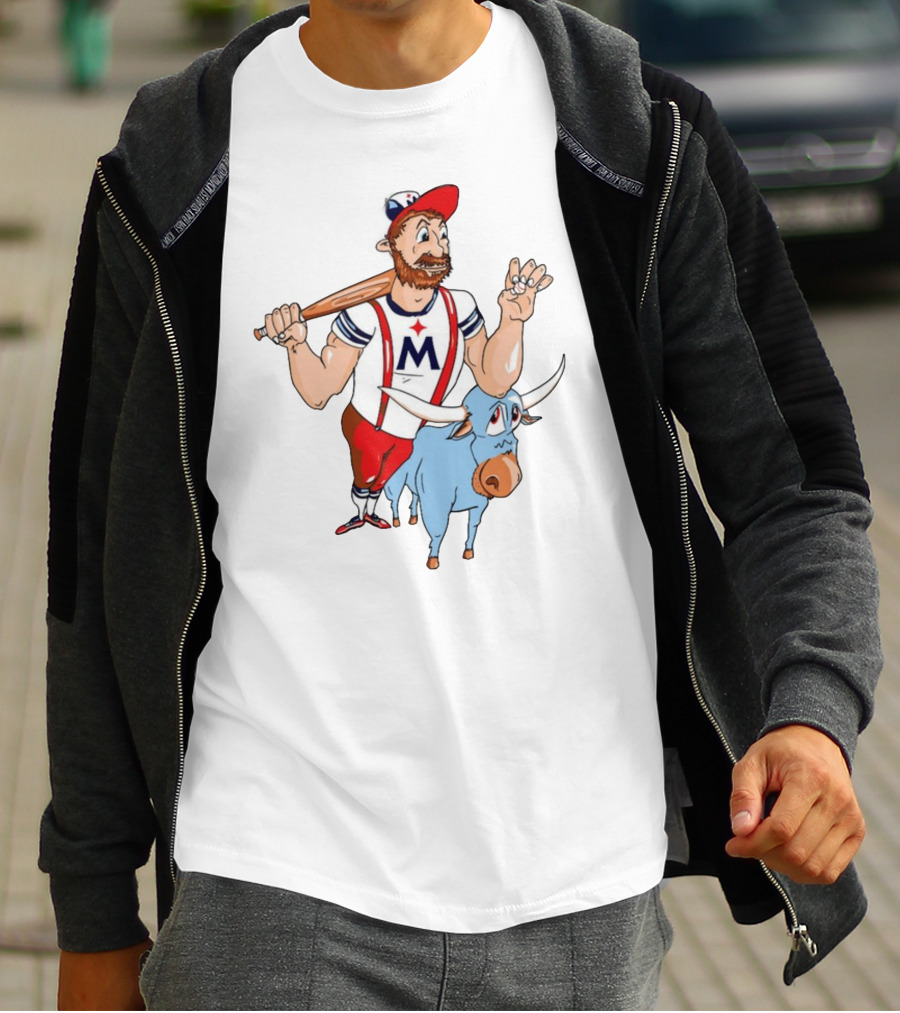 Barret Lee Paul Bunyan Cartoon Baseball Mascot With Blue Ox Babe And M T-Shirt