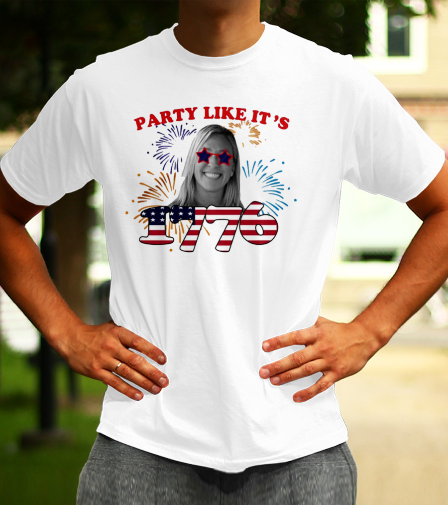 MTG Shop Marjorie Taylor Party Like It's 1776 Fireworks Star Glasses Patriotic T-Shirt