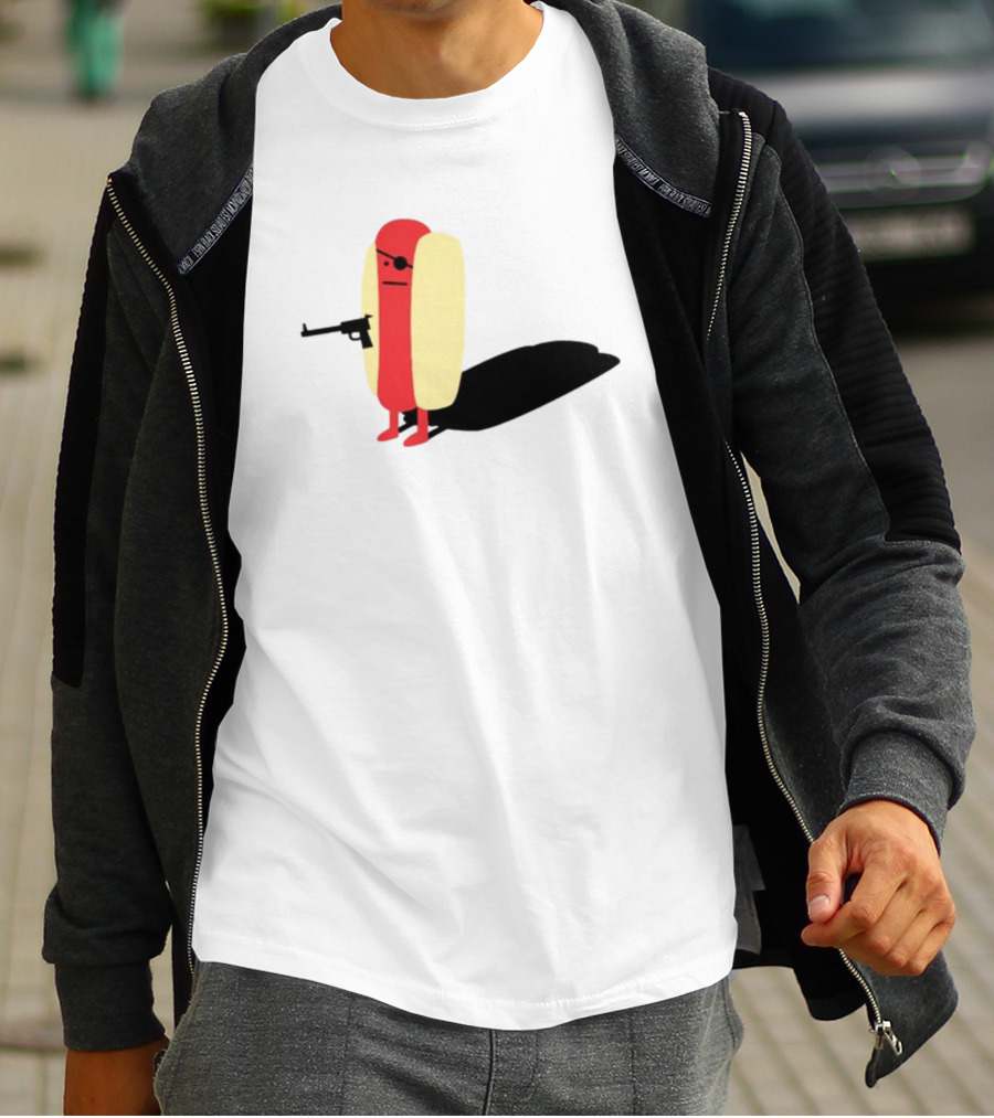 Melody Of Puns Diabolical Hot Dog With Smoking Gun And Eyepatch T-Shirt