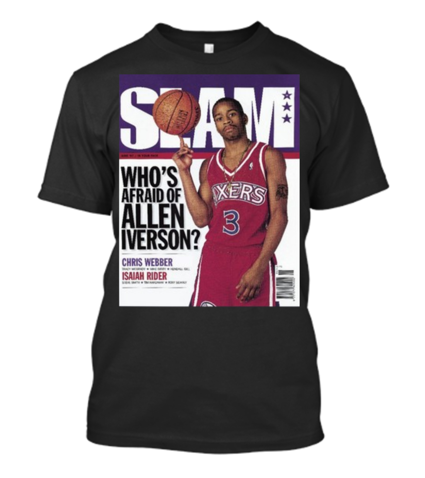 Slam Magazine Cover: Allen Iverson In Sixers Jersey With Who's Afraid Of Allen Iverson Headline T-Shirt