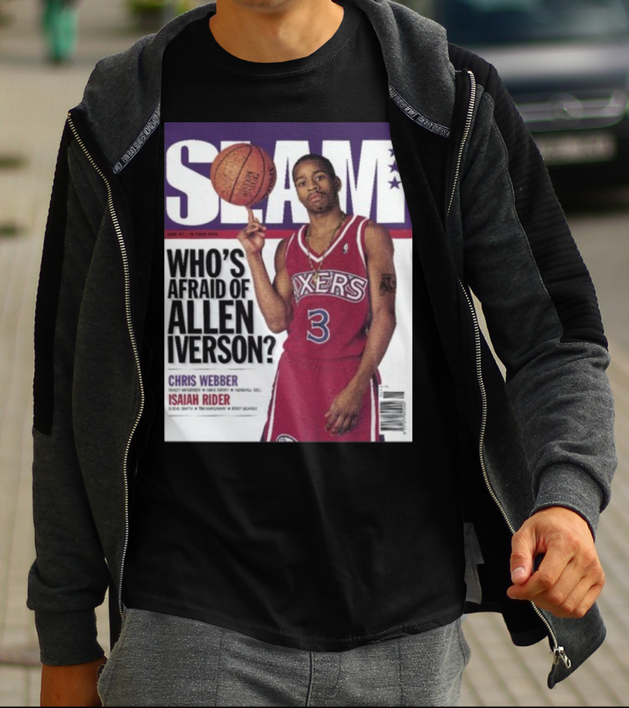 Slam Magazine Cover: Allen Iverson In Sixers Jersey With Who's Afraid Of Allen Iverson Headline T-Shirt