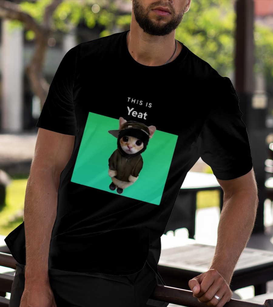 Yeat Cat Wearing Hoodie And Cap On Green Background T-Shirt
