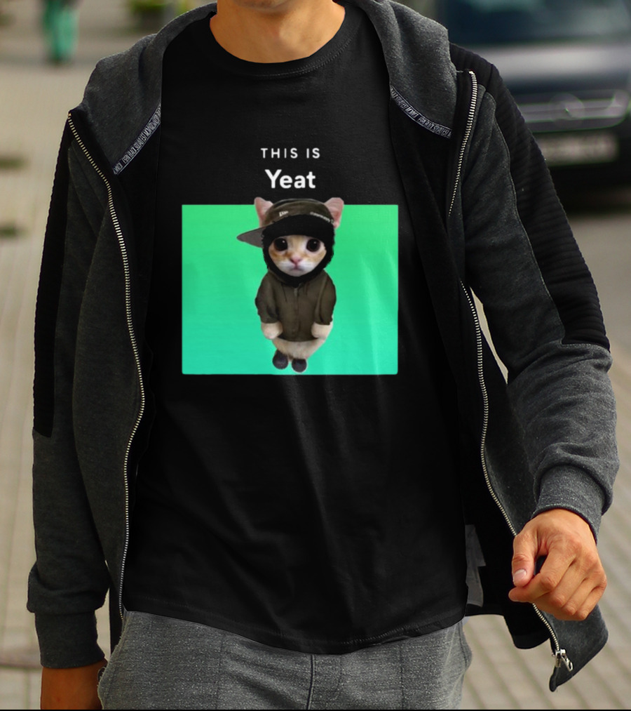 Yeat Cat Wearing Hoodie And Cap On Green Background T-Shirt