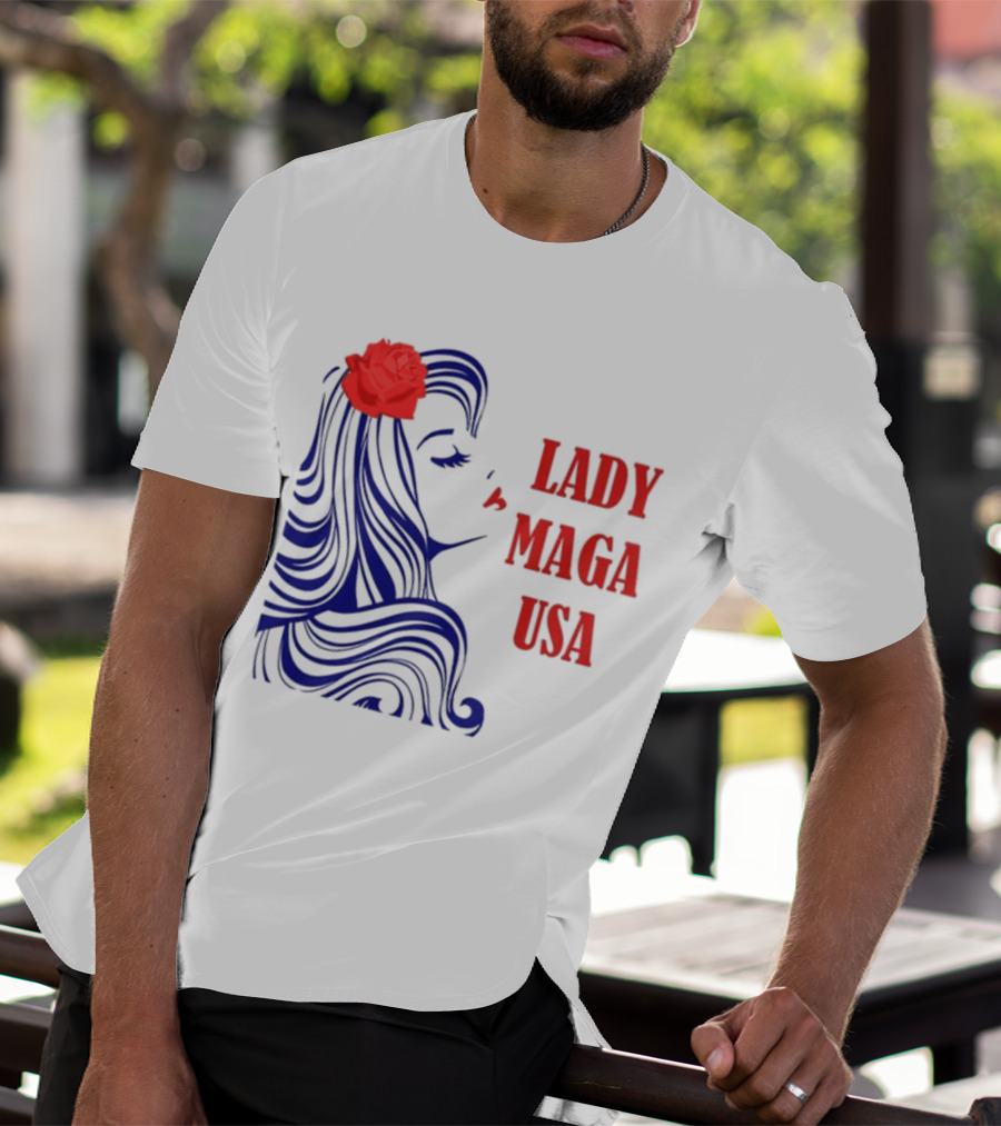Lady Maga USA Bold Red And Blue Portrait With Rose T-Shirt