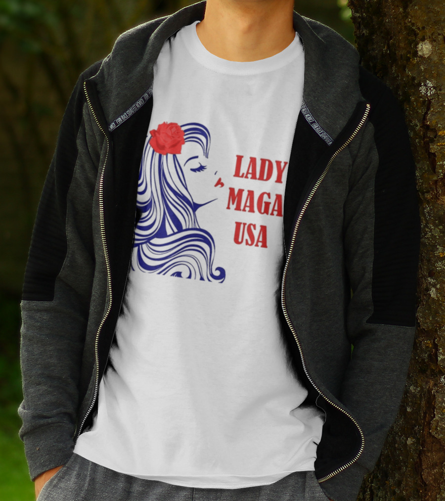 Lady Maga USA Bold Red And Blue Portrait With Rose T-Shirt