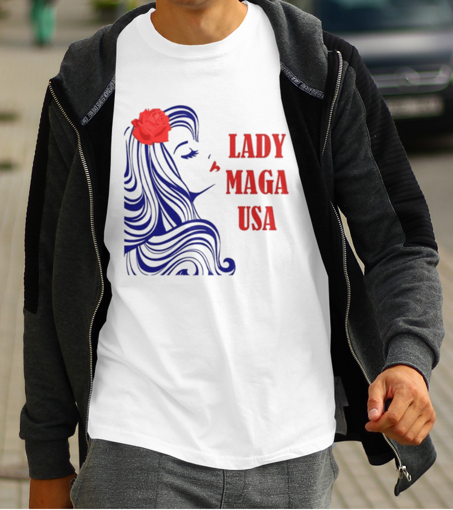 Lady Maga USA Bold Red And Blue Portrait With Rose T-Shirt