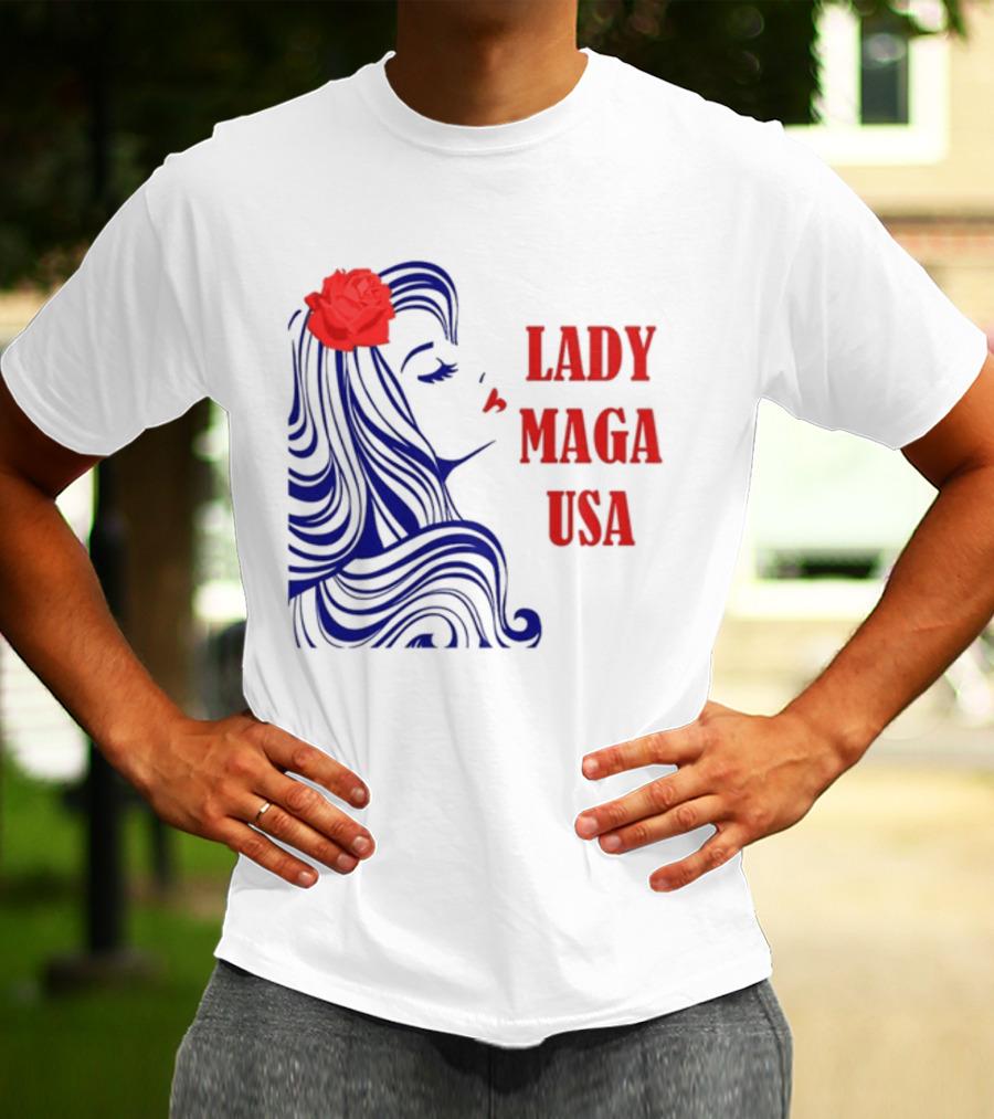 Lady Maga USA Bold Red And Blue Portrait With Rose T-Shirt