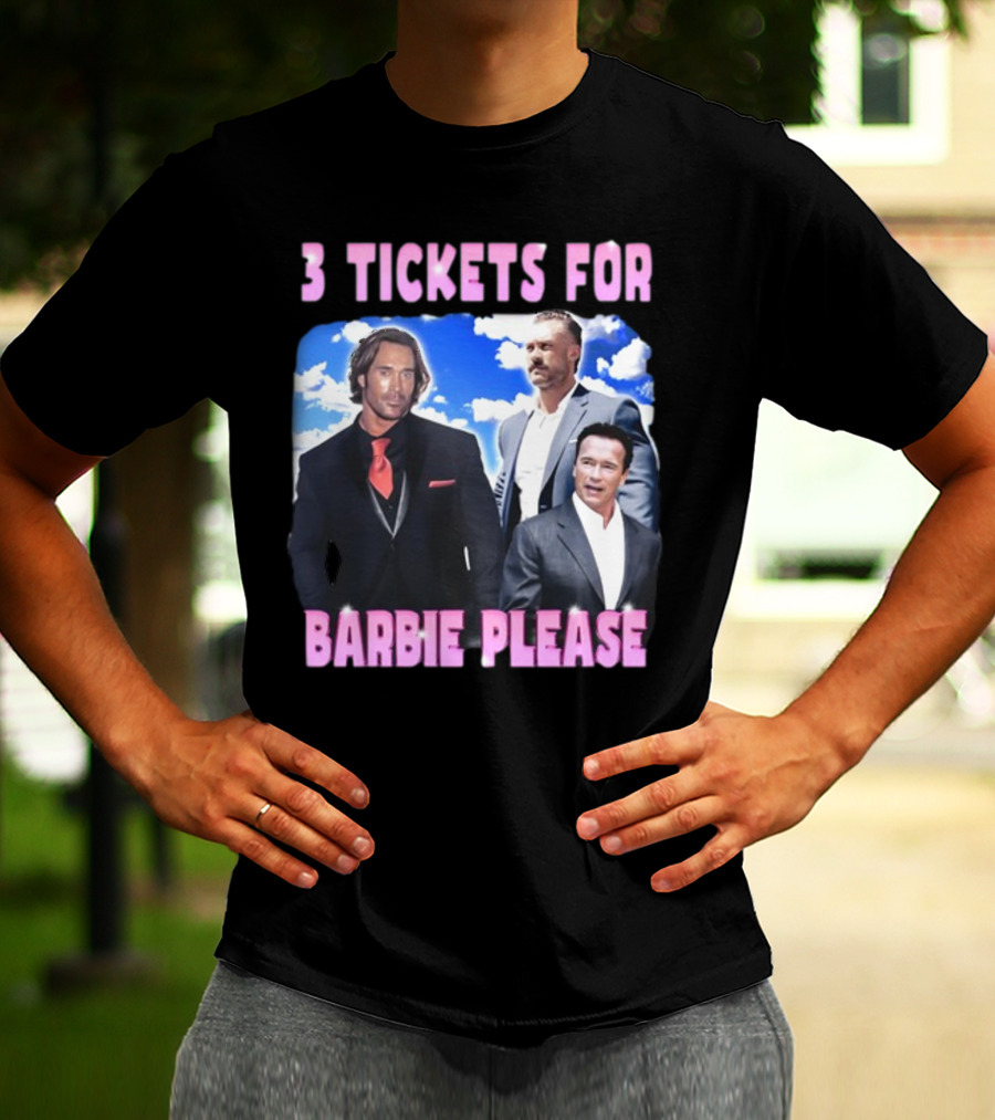 Memeabletees 3 Tickets For Barbie Please With Three Men In Suits T-Shirt