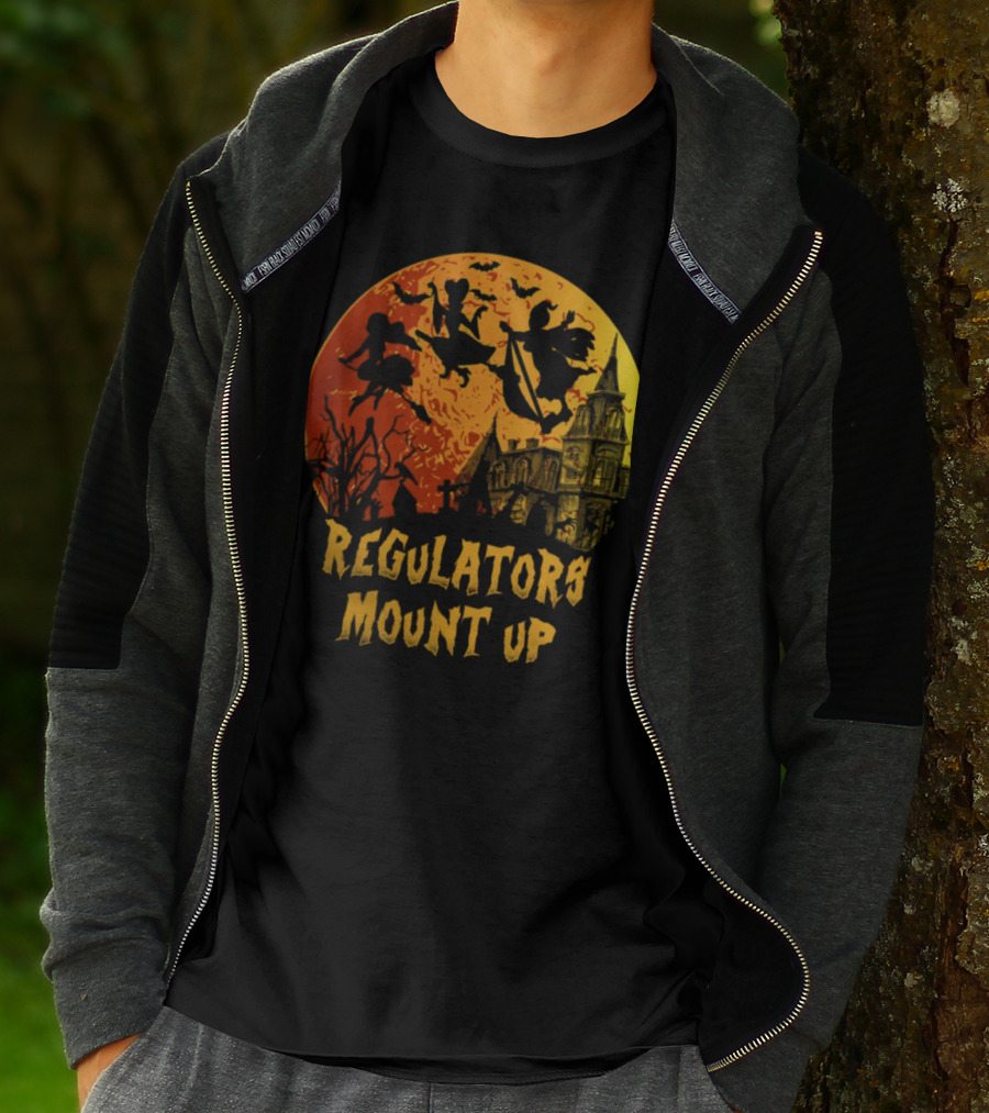 Regulators Mount Up Halloween Witches Flying Past Haunted House T-Shirt