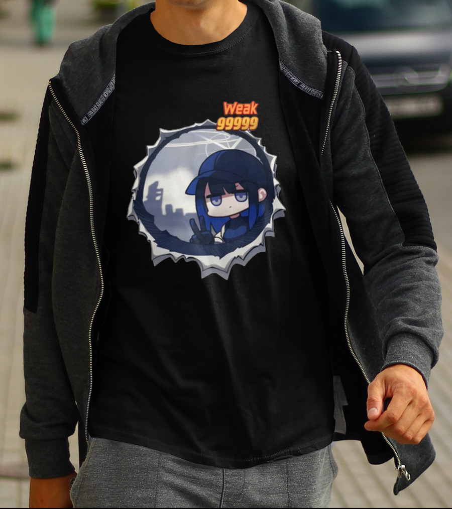 Weak 99999 Manga Character Peering Through Circular Portal T-Shirt