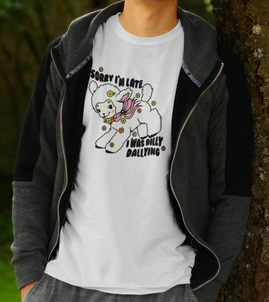 Sorry I'm Late I Was Dilly Dallying Cute Lamb With Flowers And Bow T-Shirt