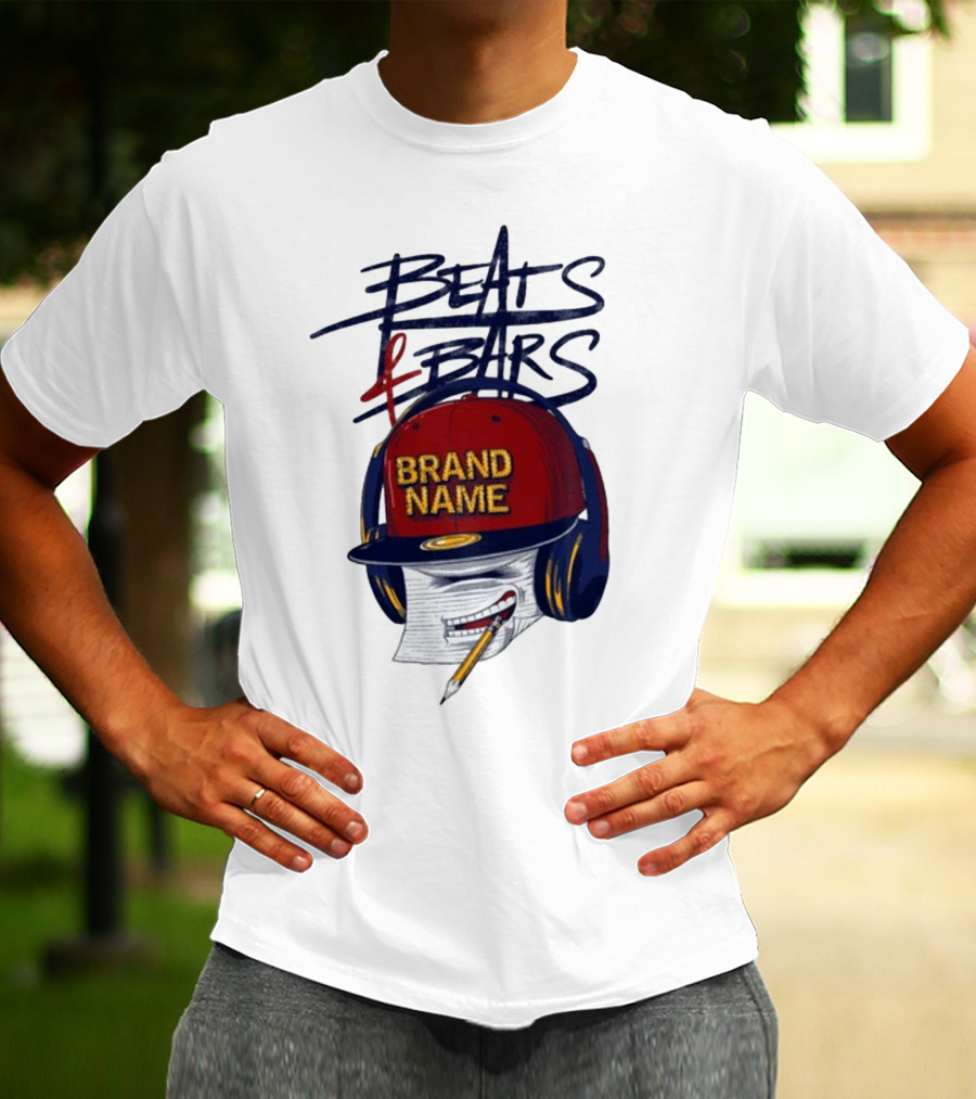 Beats And Bars Brand Name Hat Headphones Pencil Sketch T-Shirt