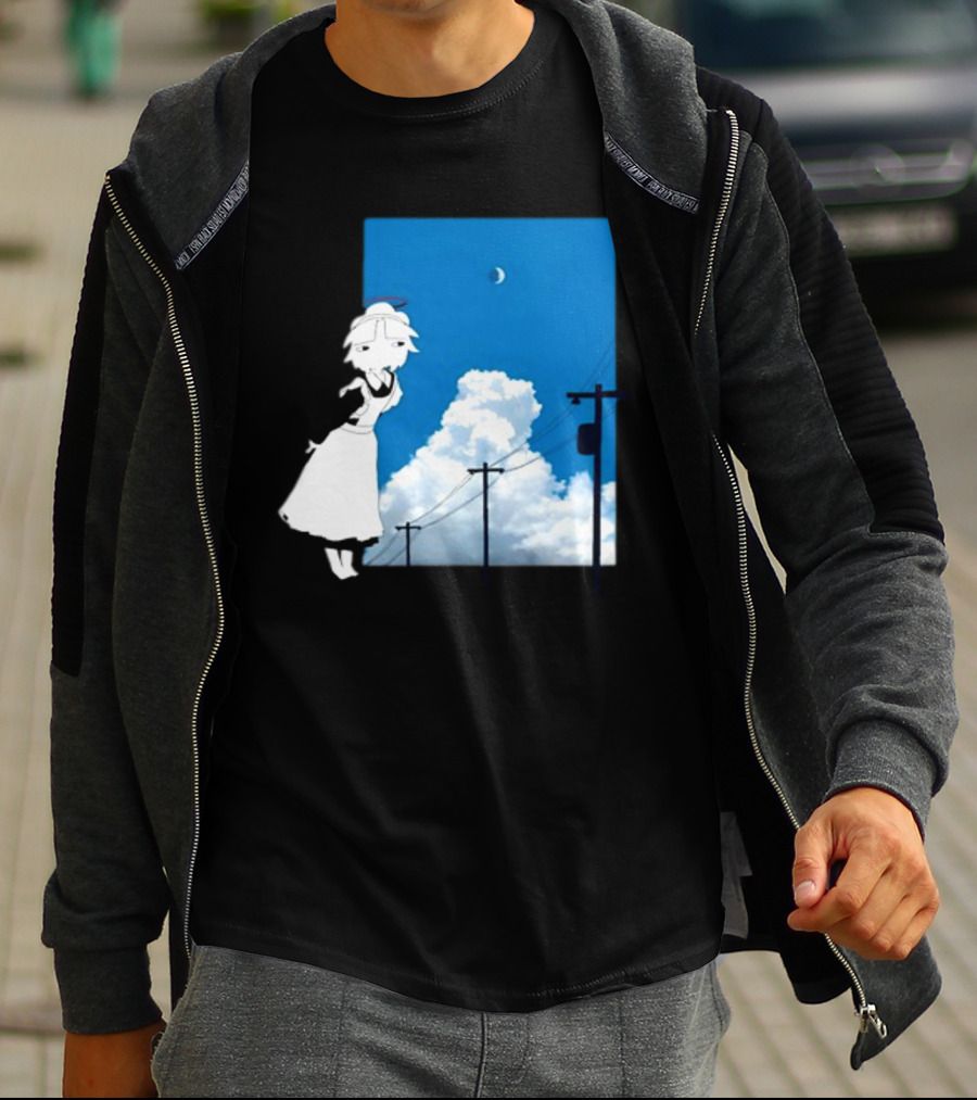 Electric Maid Under Cloudy Sky And Moon With Power Lines T-Shirt