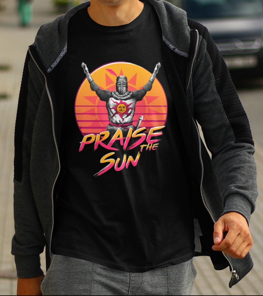 Praise The Sun Solaire Of Astora Dark Souls Knight Retro Sunset T-Shirt
