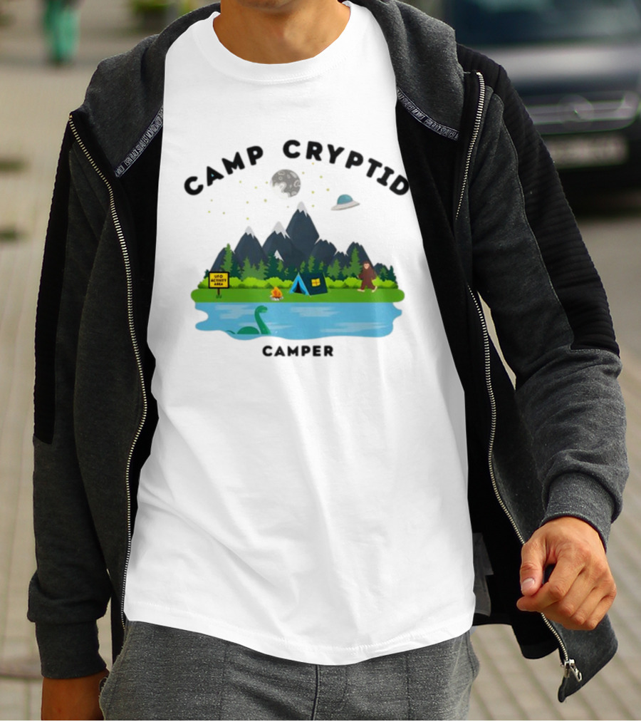 Camp Cryptid Camper UFO Area Loch Ness Bigfoot Camping Scene T-Shirt