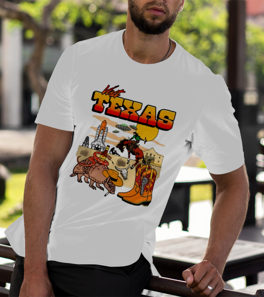 Visit Texas Armadillo Cowboy Boots Space Shuttle UFOs Rodeo Horse Alamo T-Shirt