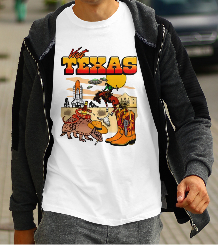 Visit Texas Armadillo Cowboy Boots Space Shuttle UFOs Rodeo Horse Alamo T-Shirt