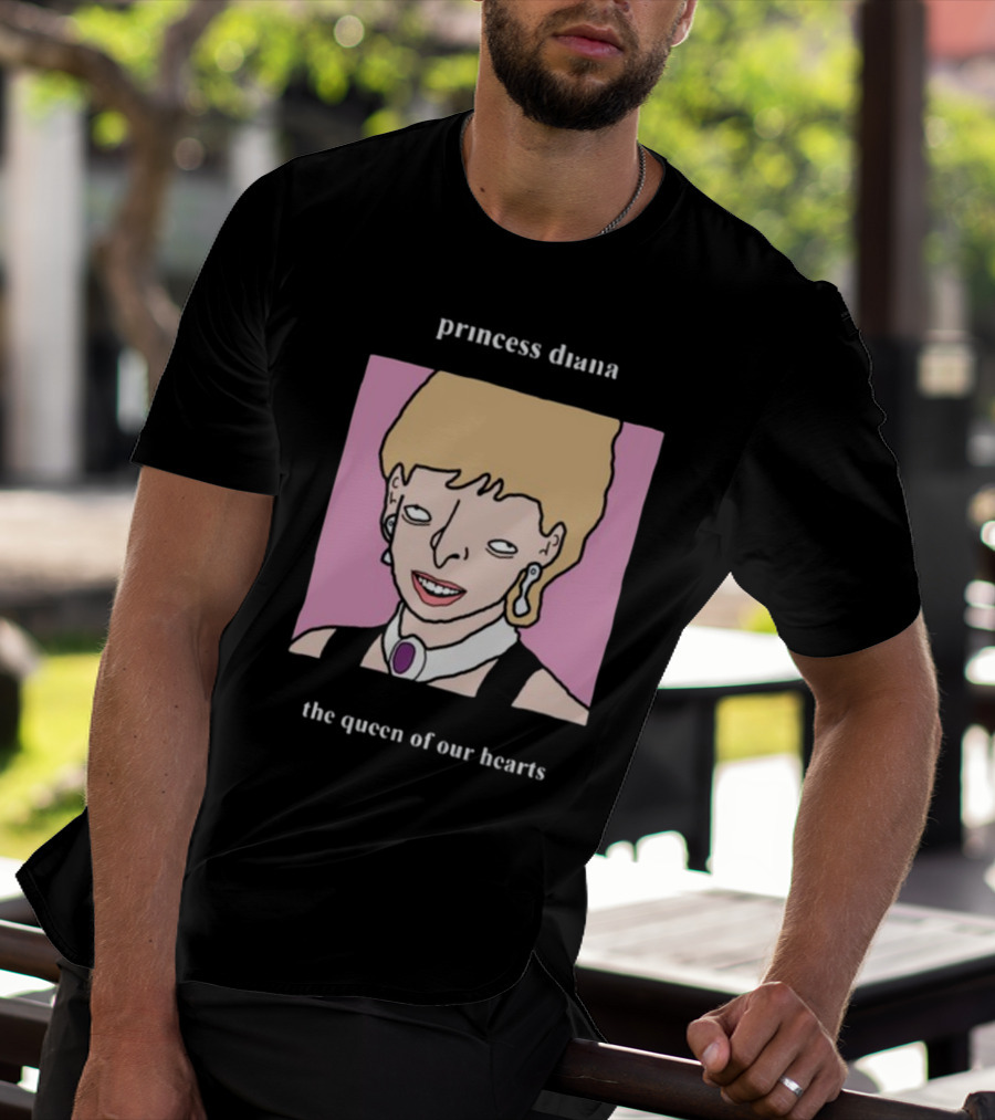 Princess Diana The Queen Of Our Hearts Cartoon Portrait On Pink Background T-Shirt