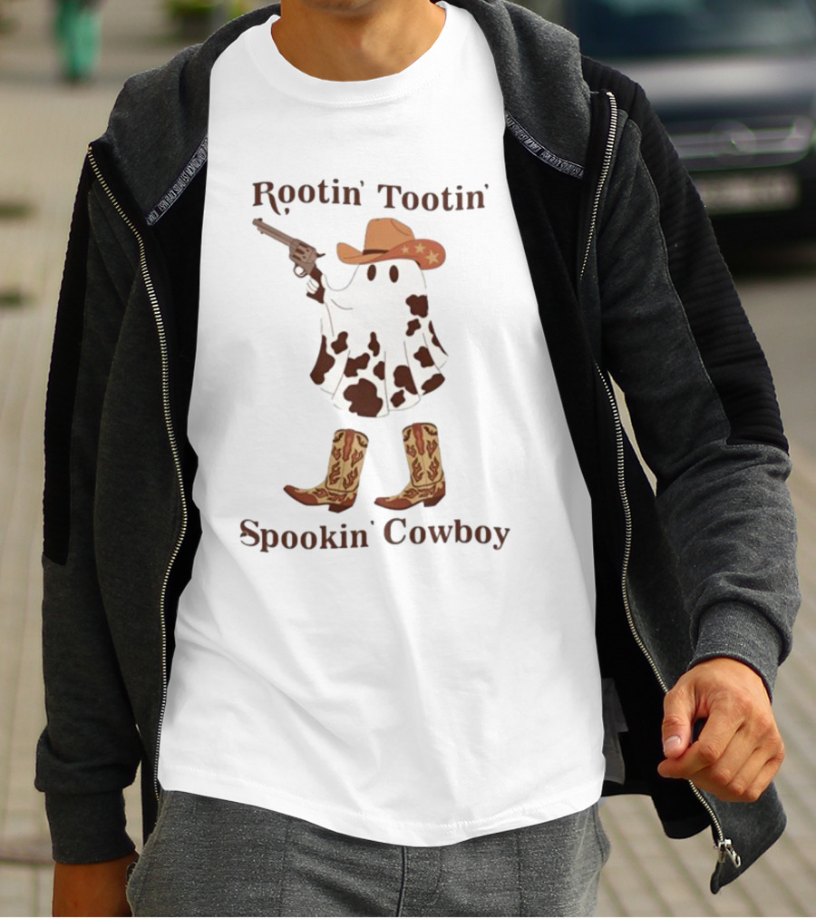 Gotfunny Rootin' Tootin' Spookin' Cowboy Brown Boots Ghost Hat Gun Blazing T-Shirt